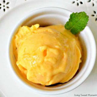 2 Ingredient Peach Sorbet Recipe: this delicious and easy to make peach sorbet is healthy, creamy and the perfect quick dessert to make any day. No machine needed! Delish!